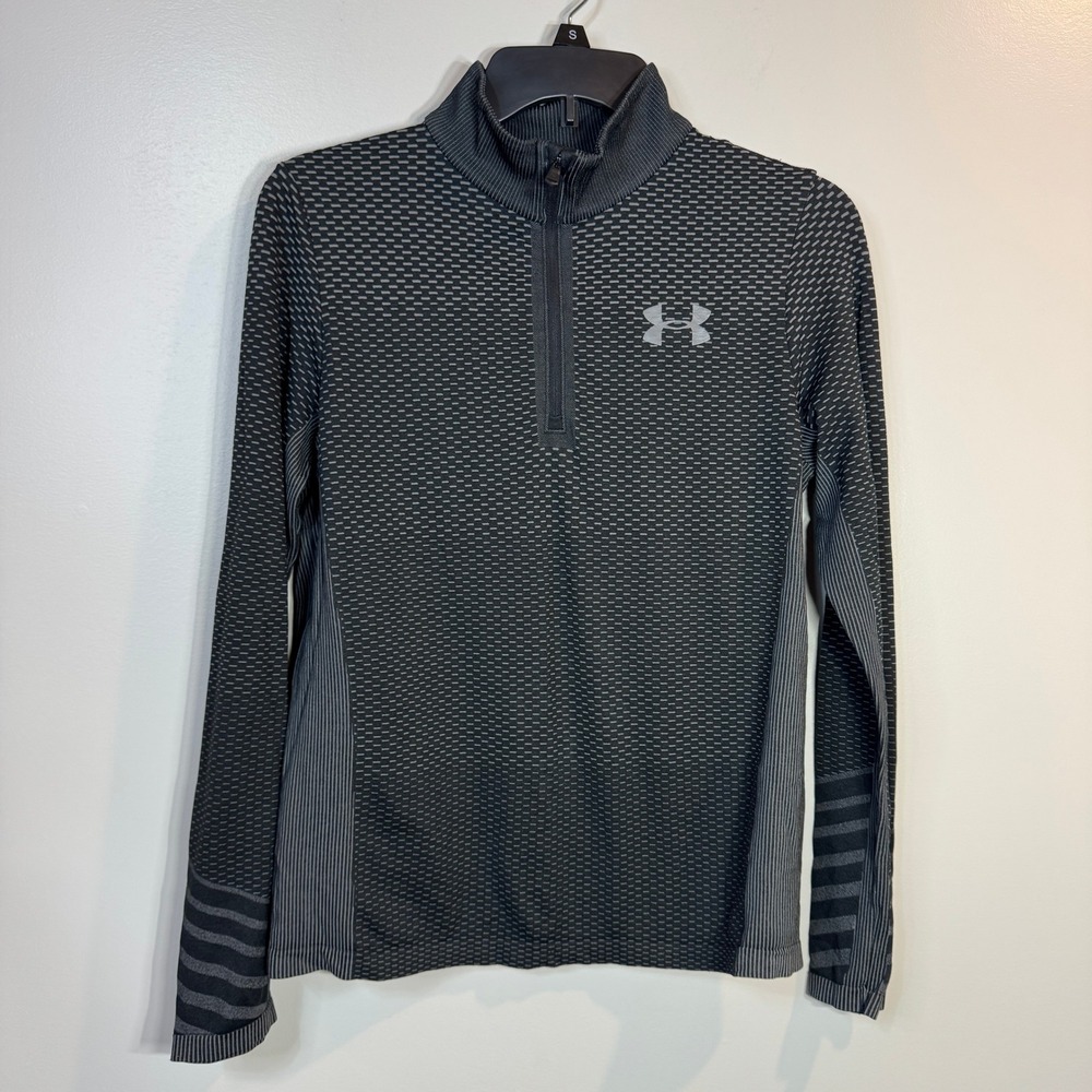 Under Armour Boys HeatGear Quarter Zip Pullover Black Grey Textured Top YXL